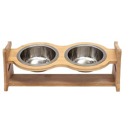 Adjustable assembling bamboo wood small pet feeder with two stainless steel bowls for dog cat wholesale