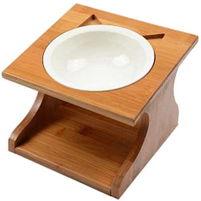 Premium single porcelain bowl decorative bamboo wood food water storage feeder for cat dog pet wholesale